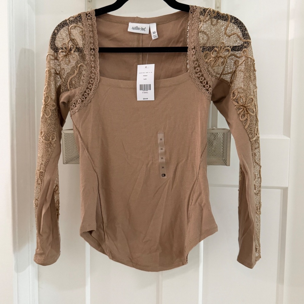 Willow & Root Taupe Pieced Crochet Ribbed Square Neck Top XS New Boho western
